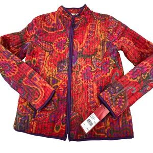 Choices Petite Quilted Jacket Paisley Print Red Purple Orange Zipped Women sz PS